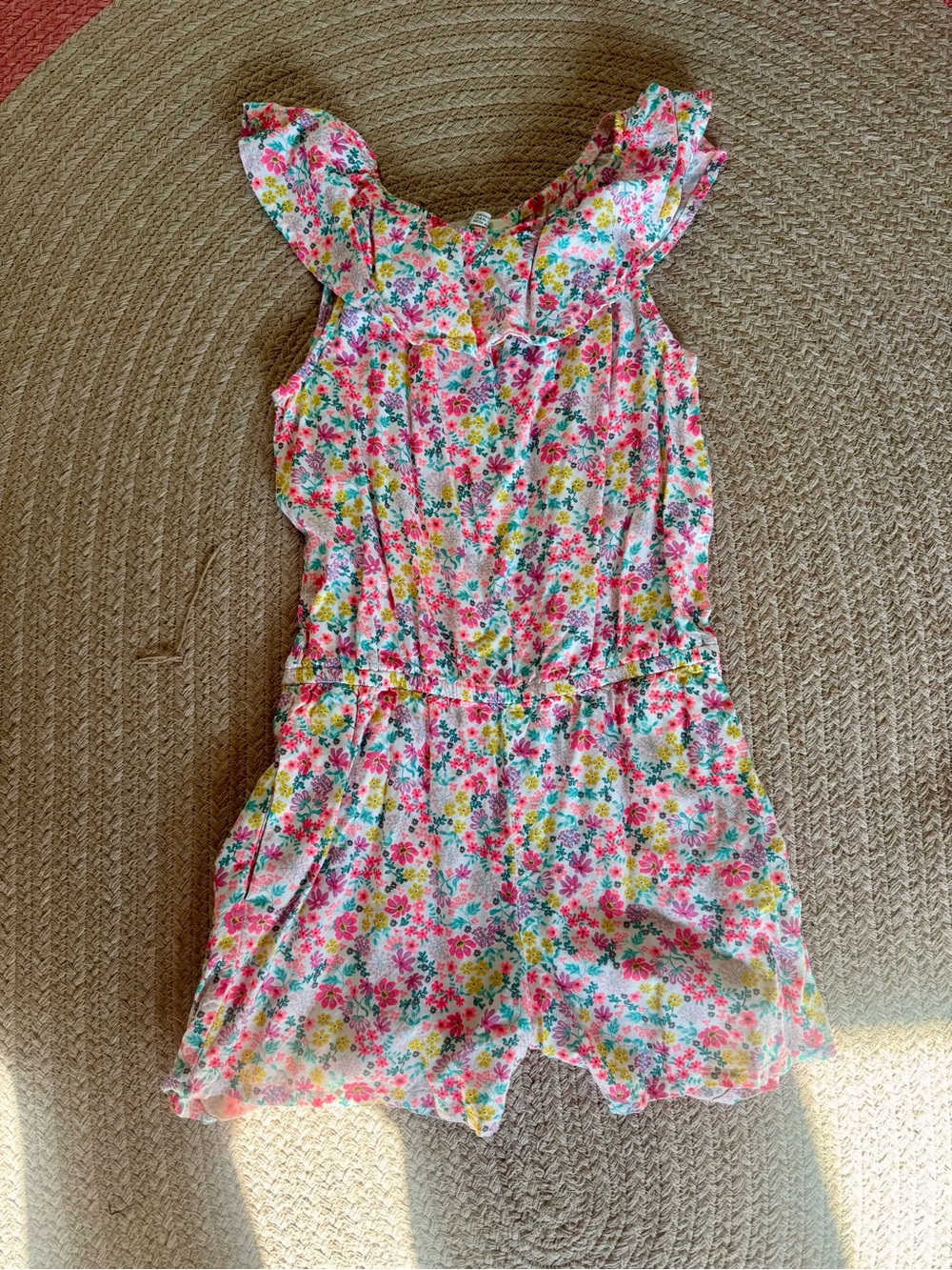 H&M Girls’ Pink Multi Floral Ruffle-Shoulder Romper Size 8